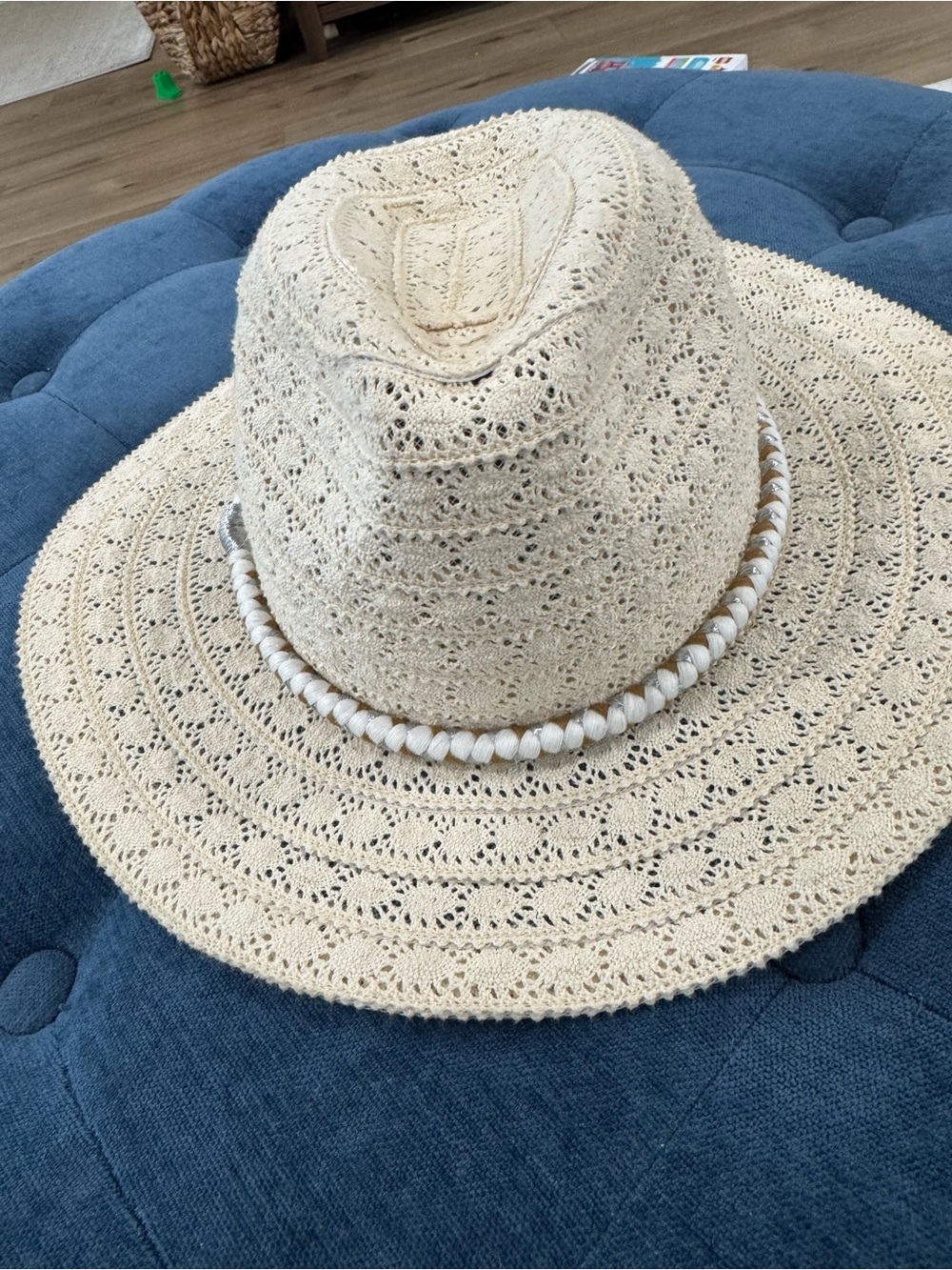Women's Crochet Straw Fedora Hat with Bead Accent - Cream